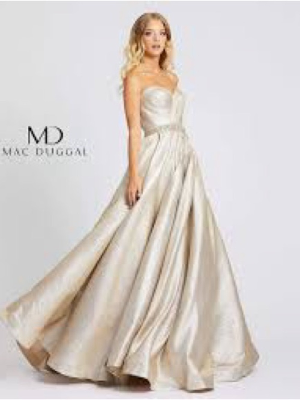 Mac Duggal Luxe Strapless Metallic Champagne Gown